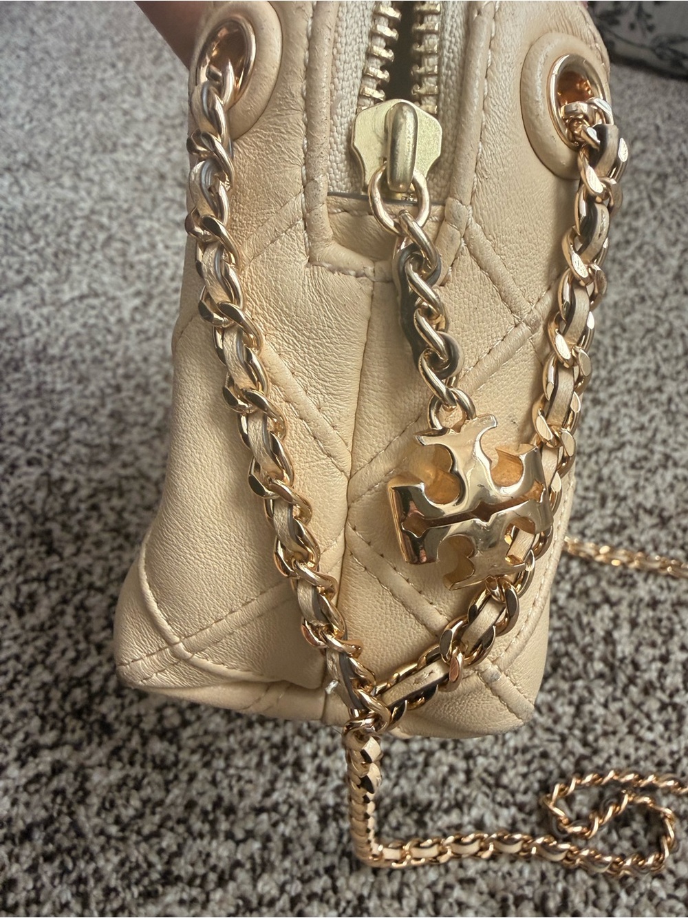 Tory Burch Cream Quilted Leather Crossbody with Gold Chain